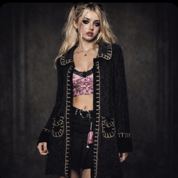 Rare Cupio duster cardigan wool blend Y2K large buttons ruffles mixed media M - Picture 2 of 13